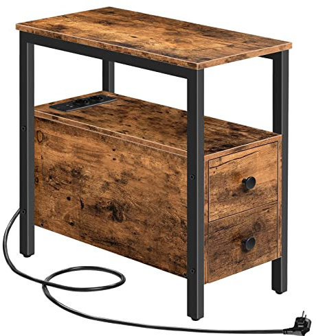 HOOBRO Beistelltisch mit Ladestation, Sofatisch mit 2 Schubladen und USB-Anschluss und Steckdose, Nachttisch für kleine Räume, Stabil und Robust, für Wohnzimmer, Schlafzimmer, Dunkelbraun EBF542BZ01