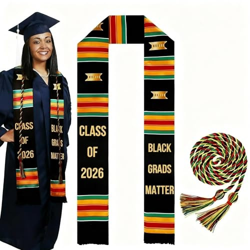 Bokon 2 Pcs 2026 Kente Graduation Stole Set Magic Black Women Graduation Matter Stole Black African American Sash with Single Kente Honor Cord for Adult College Unisex Grads Celebrate