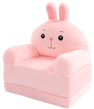 Ozgkee Plush Foldable Kids Sofa, Cartoon Children Couch Backrest Armchair Bed with Pocket and Handle, Upholstered 2 in 1 Flip Open Infant Baby Seat for Living Room Bedroom (Pink)