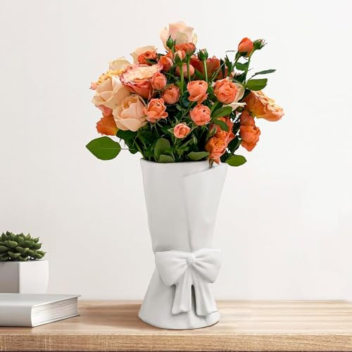 Relexome Keramik Vase mit Schleife, 24,5 cm Weiß Modern Boho Vase, dekorative Aesthetic Blumenvase für Blumenstrauß, Pampasgras, für Wohnzimmer, Schlafzimmer, Tischdekoration, Home Deko