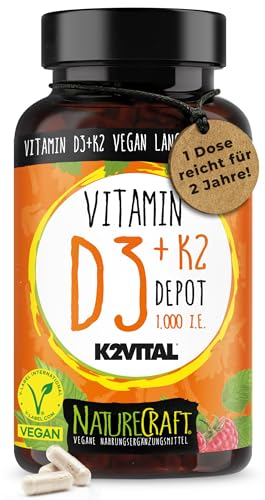 Vitamin D3 + K2 Depot mit 1000 I.E. pro Tagesdosis - Einnahme alle 7 bis 21 Tage, 1-3 Kapseln Vitamin D + K2 VITAL® 99,7% all-trans MK7, vegan, hochdosiert - 1 Dose (100 Kapseln) reicht für 2 Jahre