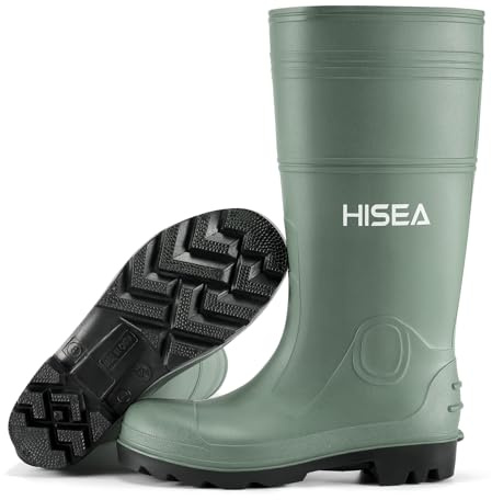 HISEA Men's Rain Boots PVC Rubber Boots with Steel Shank Waterproof Garden Fishing Outdoor Work Boots Durable Slip Resistant Mud Rainboots for Agriculture and Industrial Working, Size 11 Green
