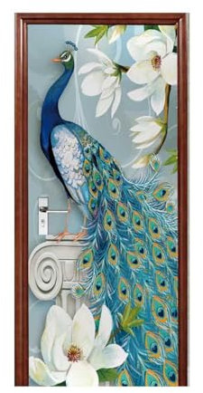 A.Monamour Türtapete Selbstklebend Türfolie Türposter 3D Blauer Pfau Mit Blumen Abstrakte Kunst Vinyl Folie Türdeko Tapete Wandbild Wanddeko Türaufkleber Türtattoo 77 x 200cm