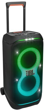 JBL PartyBox Stage 320 - Portable Party Speaker with Telescopic Handle & Wide, Sturdy Wheels, Powerful JBL Pro Sound, Futuristic lightshow, Up to 18 Hours of Play time, Splash Proof (Black)