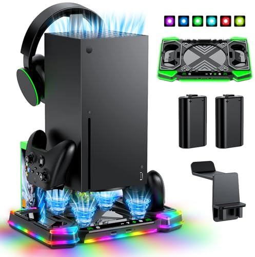 MENEEA Upgraded Charger-Stand Cooling-Fan for Xbox Series X, Dual Wireless Charger Dock Cooler System for Xbox Controller& Console,Accessories with 11 RGB Light Modes,2x1400mAh Rechargeable Batteries