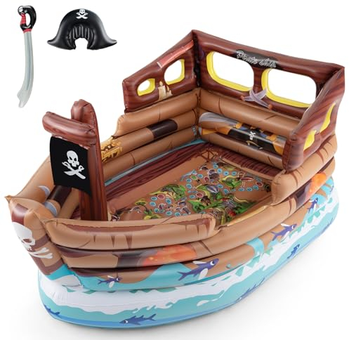 COSTWAY Uppblåsbart piratskepp lekstuga, uppblåsbart spellandskap med inbyggd motor, uppblåsbart leksakssvärd och pirathatt, inomhus och utomhus, lekhus för barn från 3 år