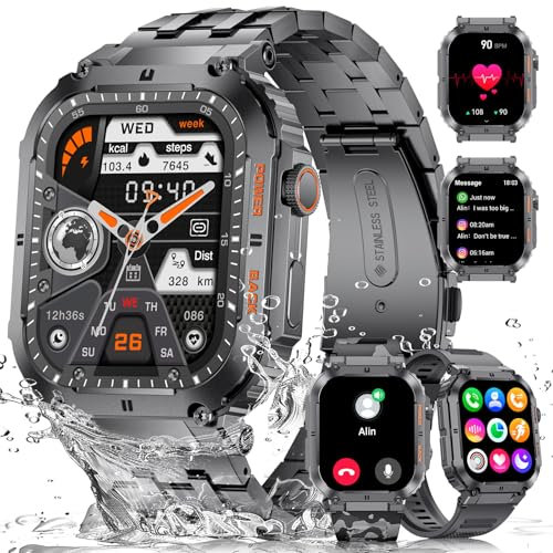 ESFOE Reloj Inteligente Hombre(3 Correas), 1.96'' 400mAh Smartwatch Hombre con Llamada Bluetooth,IP68 Impermeable,Cuerpo Metálico de Acero Inoxidable,100+Deportes Militar Smart Watch para Android iOS