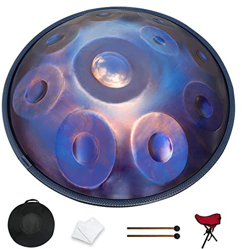 vhdurike Tamburo a Mano in Acciaio a 10 Note, Tamburo per handpan in re minore da 22 Pollici, Strumenti per Batteria in Acciaio a 440 Hz con Borsa per Pan a Mano, Martello, Supporto per handpan