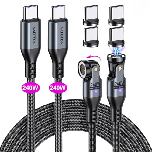 VAFOTON 240 W magnetisk USB C-laddningskabel (2-pack, 1,8 m/1,8 m), 240 W (48 V/5A) PD USB C till typ C magnetisk snabbladdningskabel för surfplatta/bärbar dator/MaBook (svart)
