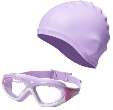 AYNKH Children's Swimming Gear, 6-14 Years Old, Anti-fog UV Protective Swim Goggles, Swimming Caps, Wide Vision Children's Swim Goggles, Boys and Girls