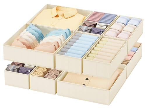 Homsorout Drawer Organisers Foldable Drawer Dividers - 10 Pack Fabric Clothes Wardrobe Storage Boxes Drawer Dividers Cubes for Dresser, Socks, Underwear, Ties, Bedroom - Beige
