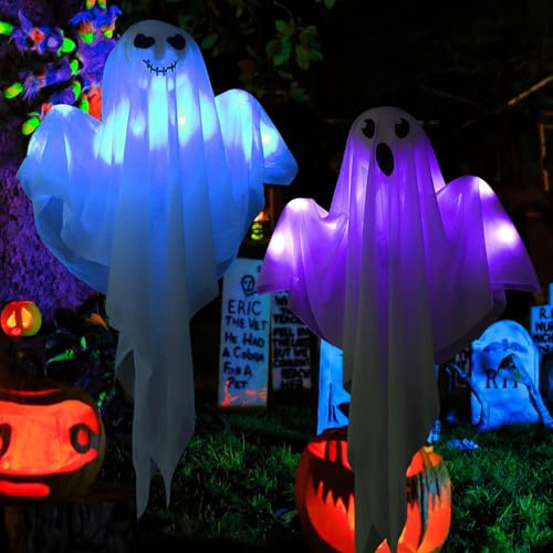 Halloween Deko Geist,2 Stück Geister Deko,Hängen Geistergesicht mit Lichter,Halloween Hängende Gespenster mit Led Lichtern,für Party Terrassentür Fenster Baum Veranda Haus Rasen Wand