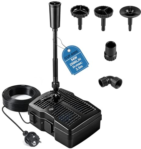 EXLECO Teichpumpe Außen mit UV Lampe 2500L/H 54W Teichfilter komplettset | Wasserpumpe mit 3 Fontänenaufsätzen Filtermaterial 10M Kabel, Springbrunnenpumpe mit Filter, Filterpumpe für Brunnen, Teich