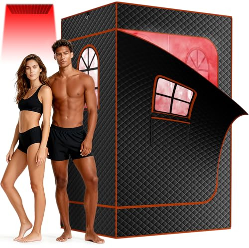 Portable Infrared Sauna for 2 Person - Home Personal Sauna Box with 2Pcs 2.6L 1000W Steamer for Detox, Relaxation & Stress Relief - Indoor Sauna Tent with Remote Control, 2 Folding Chair