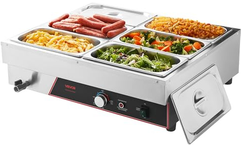 VEVOR Chauffe-Plat Électrique à Vapeur 1500 W, Buffet Chauffant en INOX, Bain-Marie de Comptoir, avec 6 Bacs Gastros de 1/3 et Couvercle, pour Servir Buffet en Libre-Service Restauration Hôtel