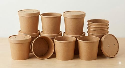 Lot de 100 Pots à Soupe en Carton Kraft avec Couvercles - 350 ml (12 oz) - Bol Jetable Brun pour Soupes Chaudes, Glaces et Salades - Emballage Alimentaire Écologique et Étanche (Vente à Emporter)