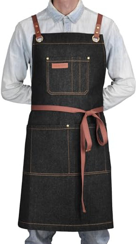 DingSay Trendy Professionelle schwarze Denim-Schürze mit Taschen zum Kochen, Koch, Küche, Grillen, Grillen, Friseure, Malerei, Schürze für Herren und Damen, mit Leder-Kreuz-Rückengurten