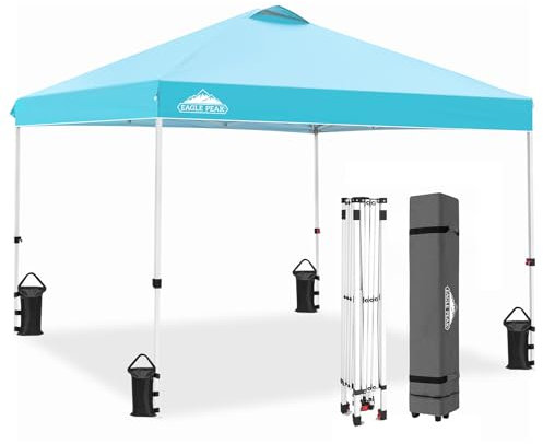EAGLE PEAK Tonnelle de Jardin Pliable 3x3m Pop-up Gazebo Tente Pliante Pavillon，avec Sac de Transportable à Roulette pour Camping, Plage, Jardin, Bleu pâle
