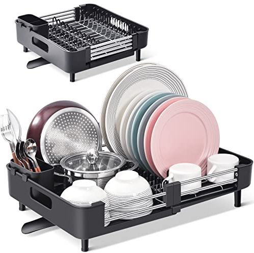KINGRACK Dish Drainer Rack - Extendable Dish Rack, Stainless Steel Dish Drainer for Kitchen Counter, Draining Board Rack with Removable Cutlery Holder, Black