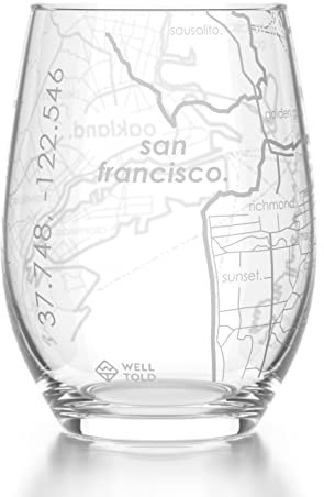 Well Told Copa de vino grabada sin tallo con mapa de San Francisco de California, copa de vino grabada (15 onzas, transparente), copa de vino con mapa de la ciudad, copa de vino personalizada, regalos
