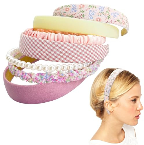 Kryzalite® 7 stycken olika fashionabla pannband för kvinnor, halkfria blompannband, söta pärlpannband för flickor, bandana-håraccessoarer set (rosa)