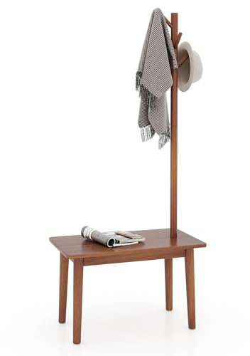 COSTWAY Coat Rack with Side Table, Freestanding Hall Tree Clothes Stand with 4 Hooks, Solid Wood Clothes Rack Hat Coat Hanger Storage Organiser Unit for Bedroom, Hallway and Entryway, 76x43x168cm