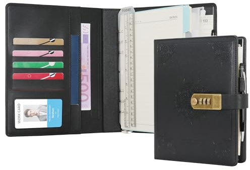 WASON Diary with Lock A5 Binder Ruled Spiral Notebook Journal Planner Portfolio and Refillable Writing Lined Paper Notepad, Pen, Clipboard Organizer For Ideal Business, School & Travel (Black)