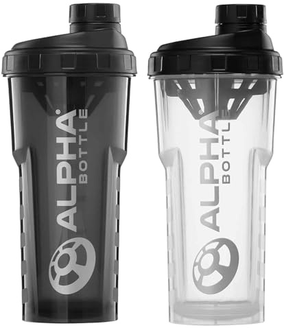 Alpha Designs Protein Shaker Bottles 2 Pack (750ml) Gym Gifts for Men & Women - 0.75L Gym Bottles for Protein Shakes - Black and Clear