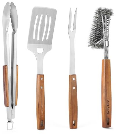 onlyfire Grillbesteck Set 4-TLG, Grill Zubehör Set Enthält Grillzange, Grillwender, Fleischgabel und Grillbürste mit Extra-Langen Holzgriffen & Aufhänge-Ösen, Grillzubehör aus Edelstahl & Akazienholz