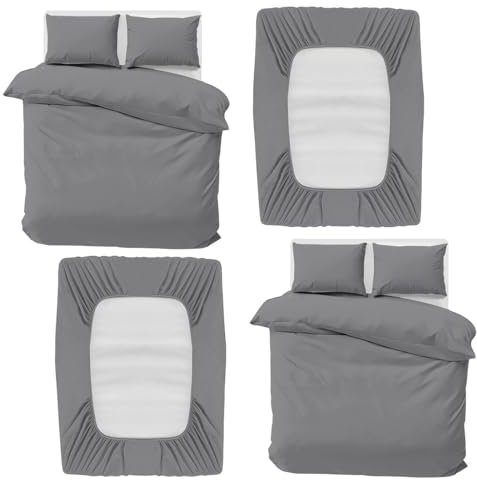 MOONLIGHT20015 Double Bedding Set 4 Piece Duvet Cover Fitted Sheet with Pillow cases Soft Brushed Microfiber Duvet Cover sets Grey (Pack of 2)