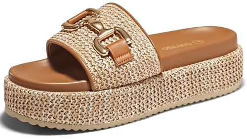 Coutgo Womens Platform Sandals Raffia Espadrilles Metal Chain Slip on Open Toe Cute Beach Slide Sandals