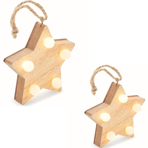 Dubbelset, upplysta, juldekorerade julstjärnor av MDF med 5 LED-varmljushängare, hängande av snöre, 7,5 x 7,5 x 2 cm, festlig julgransprydnad, julgran, julgransprydnad
