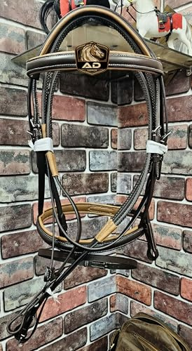 Leather Genuine Cowhide English Headstall Bridle Reins Horse Crossover Crossunder Raised Fancy Stitched Laced All Purpose Jumping Dressage Rubber Crystal Padded Adjustable Browband Full-Cob (Full)
