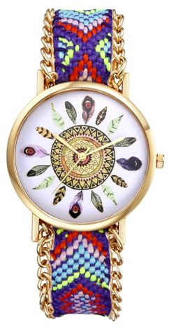 JewelryWe Orologio da donna bohémien, stile bohémien, colorato, regolabile, corda intrecciata in cotone, analogico, al quarzo, orologio da polso da donna, casual, con stampa floreale rotonda, Tipo 1