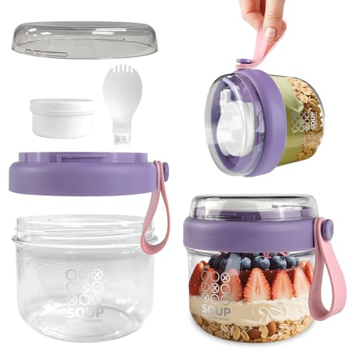 xyuayamz Overnight Oats Jar, Porta Yogur, Portátil Taza de Cereales con Caja y Cuchara, Vasos Yogurtera con Tapa para Guardar Avena, Yogur, Fruta, Desayuno, Salad To Go, 650 ml, Morado