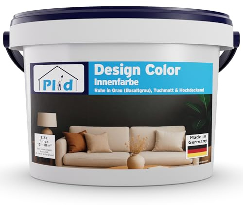 Plid® Design Innenfarbe Grau 2.5L [HOHE DECKKRAFT] Design-Colour Basaltgrau - Bunte Farbe Wand - Matte Wandfarbe - Für ca. 15-18 m² in Profi Qualität - Atmungsaktiv & Tropfgehemmt