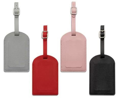 4 PCS Luggage Tags, Leather Suitcase Tags with Name ID Card, Baggage Labels with Adjustable Strap, Durable Travel Tags for Preventing Loss of Bags and Luggage