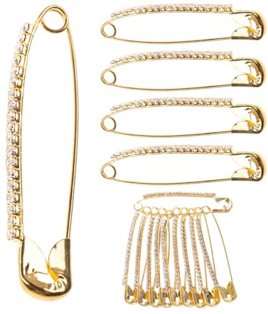 OYWOBET 10 Pcs 5.4cm/2.1inch Gold Brooch Rhinestone Safety Pins, Gold Plated Crystal Brooch Pins, Small Safety Pins, Brooch Pins for Socks, Brooches and Pins for Women