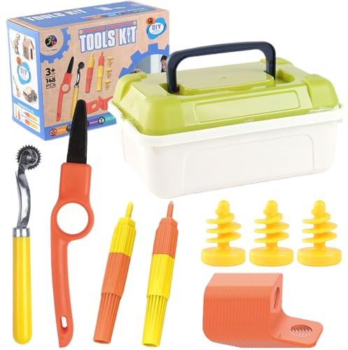 Kit di attrezzi per costruzioni in cartone con cassetta degli attrezzi, taglierina riutilizzabile per cartone per bambini, segas sicura per cartoni per bambini dai 5 anni in su, giocattoli creativi