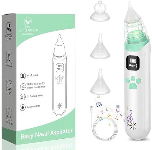 Mouche Bébé Electrique, Aspirateur nasal pour bébé, Mouche-bébé, Aspirateur Nez Enfant, Avec 3 Buses en Silicone et 3 Niveaux d'aspiration, fonction musique