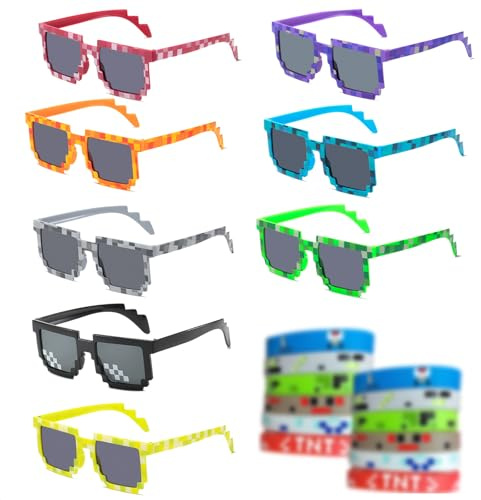 Gykutix 8 Pixel Sonnenbrille Thug Life Brille Bunt und 12 Silikon Spiel Pixel Armband für Geburtstagsdeko Pixel Brille für Kinder Erwachsene Fasching Halloween Karneval Cosplay (20-teiliges)
