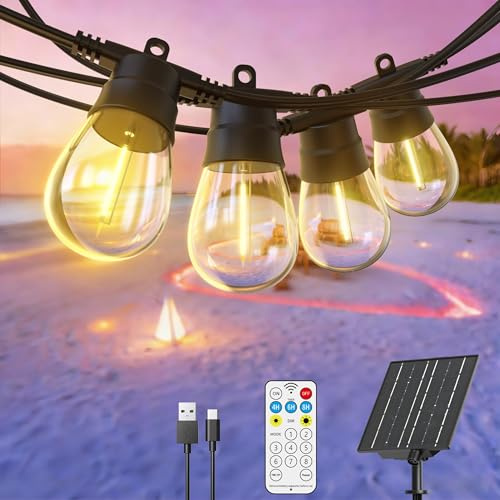 GlobaLink Bombilla Solar Exterior S14, 15+2 LED 16M, IP65 Guirnalda Solar Exterior, USB C/solar, Guirnaldas Luces Exterior Solar con Controlador, 4 Modos de Luz LED para Jardín, Fiesta, Terraza