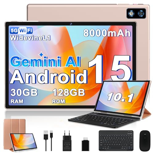 BIEGEDY 2026 Tablet 10 Pulgadas Android 15, Gemini AI, 30GB RAM + 128GB ROM（TF 2TB）, Octa-Core 2.0GHZ, 8000mAh, GMS, Widevine L1, 5G WiFi 6 & BT 5.0, GPS, OTG, Tablet con Teclado y Raton-Oro
