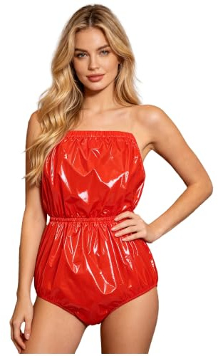 FEESHOW Dam wetlook catsuit lack läder PVC overall vattentät body med dragkedja på baksidan nattkläder, fest, klubbkläder B röd 3XL