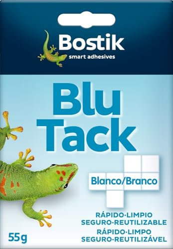 BOSTIK Blu Tack Blanco, Masilla Adhesiva Cuarteada, Moldeable y Reutilizable, Fijación de Todo Tipo de Objetos, Limpia, Segura y Fácil de Usar, Sustituye Chinchetas y Cintas Adhesivas, Sobre 55 g