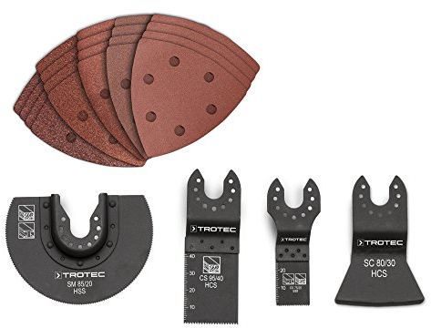 TROTEC Universelles 24-tlg. Zubehör-Set für Multifunktionswerkzeug, inkl 20 x kletthaftendes Dreieckschleifpapier, 1 x Segmentsägeblatt, 1 x Schabmesser, 2 x Tauchsägeblätter