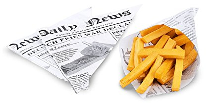 Kerafactum 20 Stück fettdichte Pommestüten Pommes frites Tüten für Kartoffelstäbchen, Snacktaschen für Fish & Chips Pommestüten Papier Motiv Daily News Papiertüten dreieckig 25x18 cm