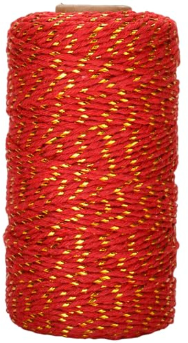 G2PLUS Christmas String - Red Cotton Twine with Gold Glitter, 2MM, 100M for DIY Gift Decorations