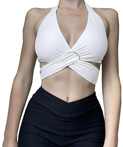 HTTOAR Femmes Sexy Halter Criss Cross Wrap Gilet Découpé sans Manches Couleur Unie Crop Tops Débardeur Diverses Méthodes De Port avec Anneau en Métal (Small, Blanche)