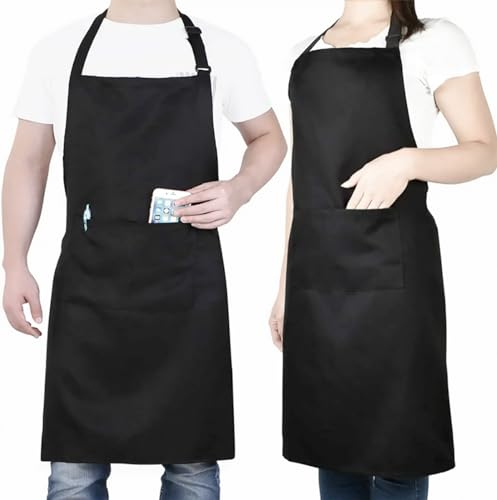 4sold Black Chef Aprons – 100% Heavy Duty Cotton 240g/m², Durable & Naturally Fire Resistant – Adjustable Kitchen Cooking Bib Aprons with 2 Pockets for Men, Women, Butchers, BBQ, Bakers (2 Pack)